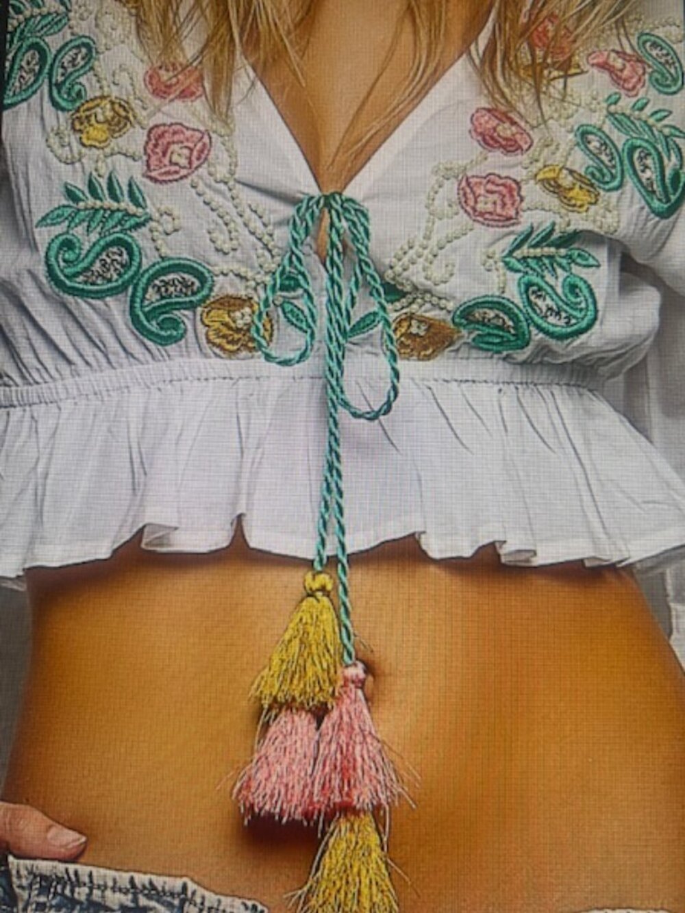 POL BoHo Ivory Multi Color Embroidered Beaded Tie Ruffle Cropped Cotton Top NEW - Picture 6 of 16